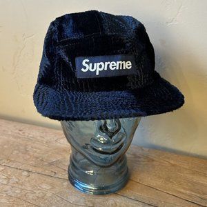 SUPREME Croc Embossed Velvet Camp Cap ~ Black with Box Logo OSFA - EUC